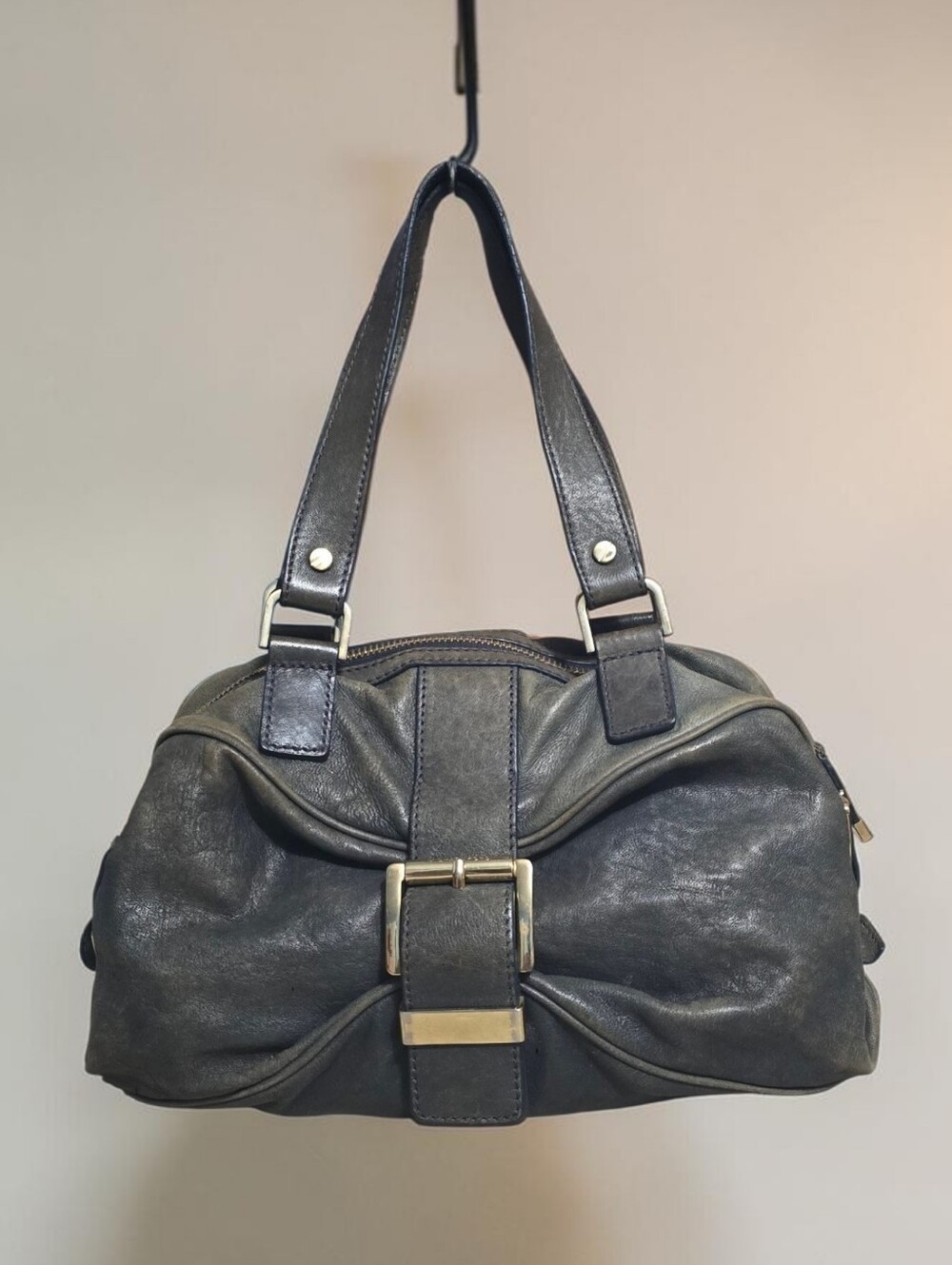 Michael Kors Heidi Distressed Olive/Charcoal Gray Shoulder Bag w/ Buckle Detail